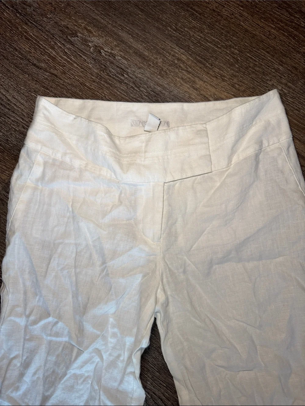 100% Linen Light Cream White Wide-Leg Womens Trousers Size 8
